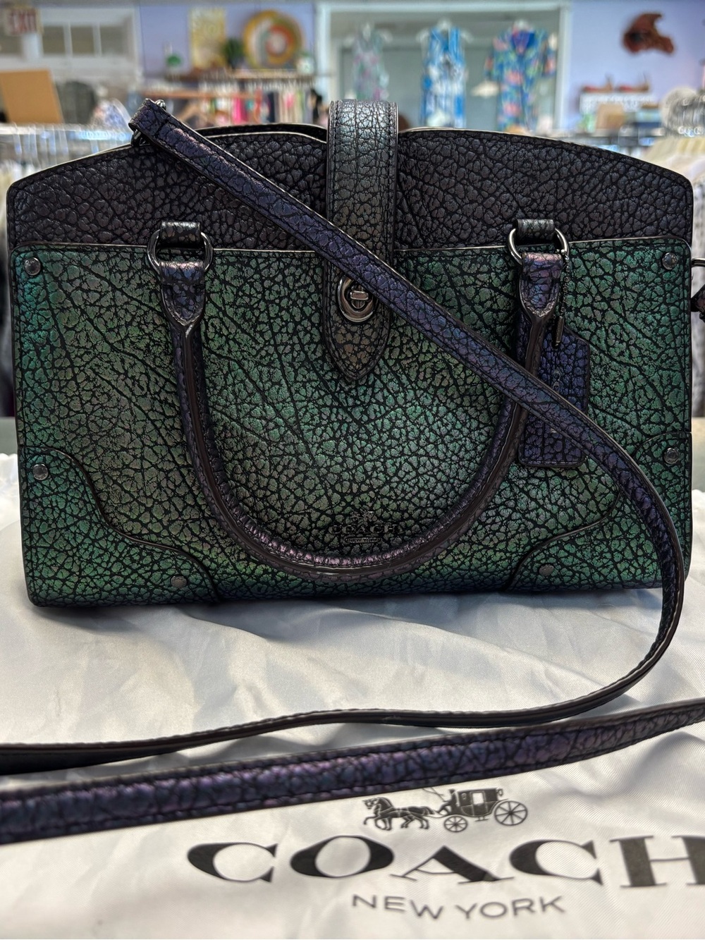 Coach Mercer Satchel 24 in green purple hologram iridescent leather